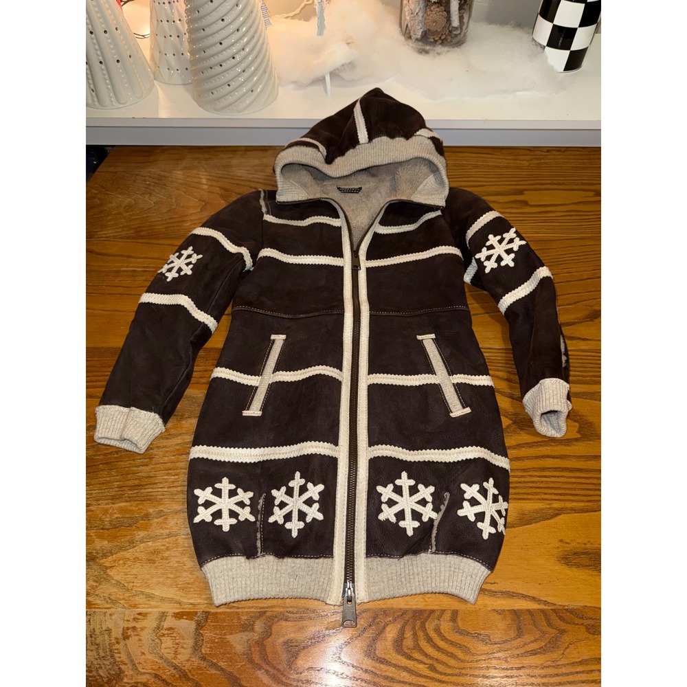 AUTUNNO Kids Brown Suede Sheepskin Lined Snowflake Winter Coat Jacket Size 10 12
